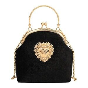 Elegant Black Velvet Wedding/Party Bag – Gold Handle, Chain Strap, Brooch Design